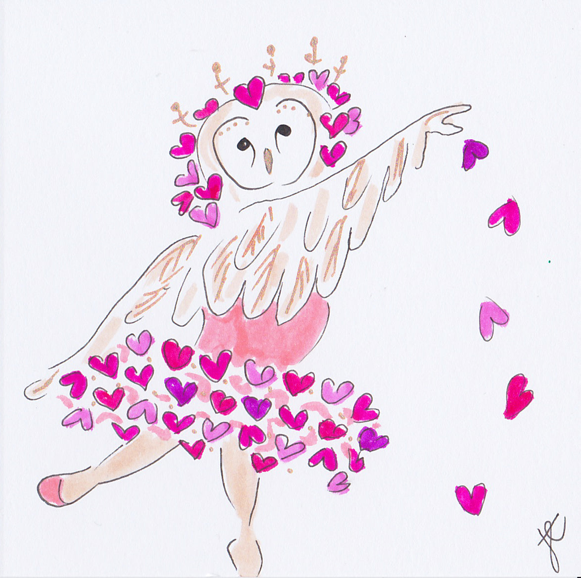 Barbara Barn Owl Ballettoons illustration with hearts tutu skirt and headdress
