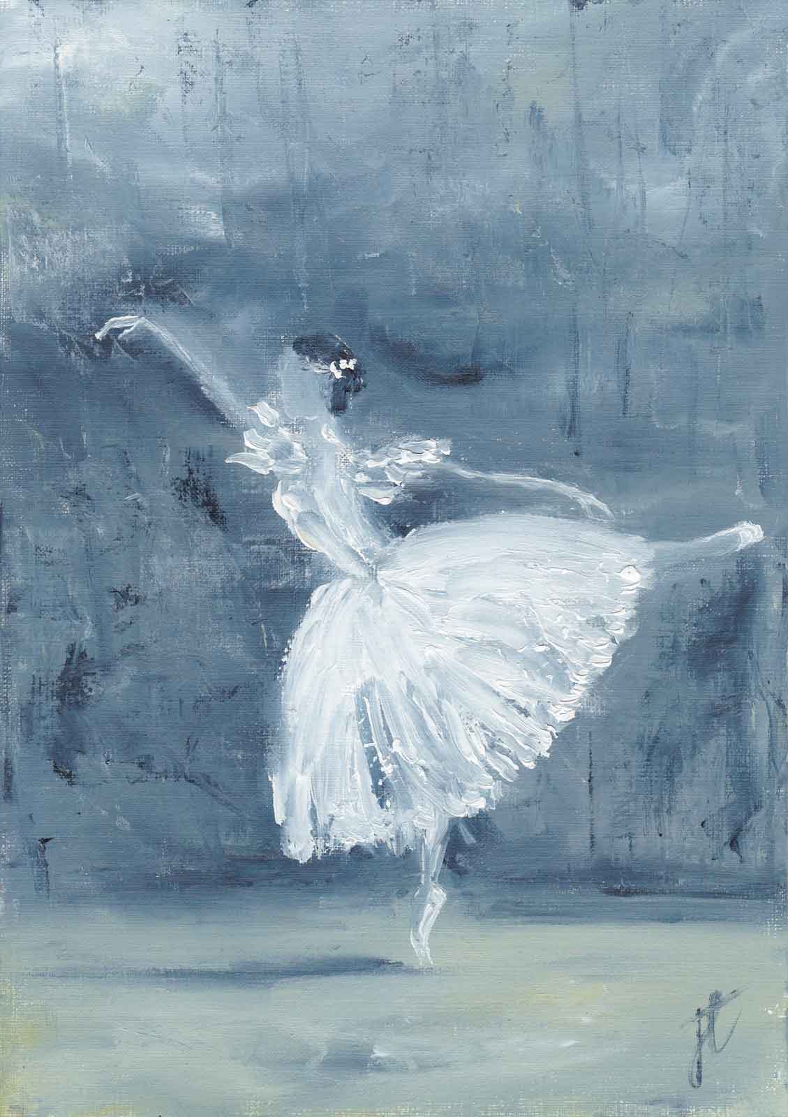 Oil painting on paper of ballerina poised in arabesque wearing romantic tutu