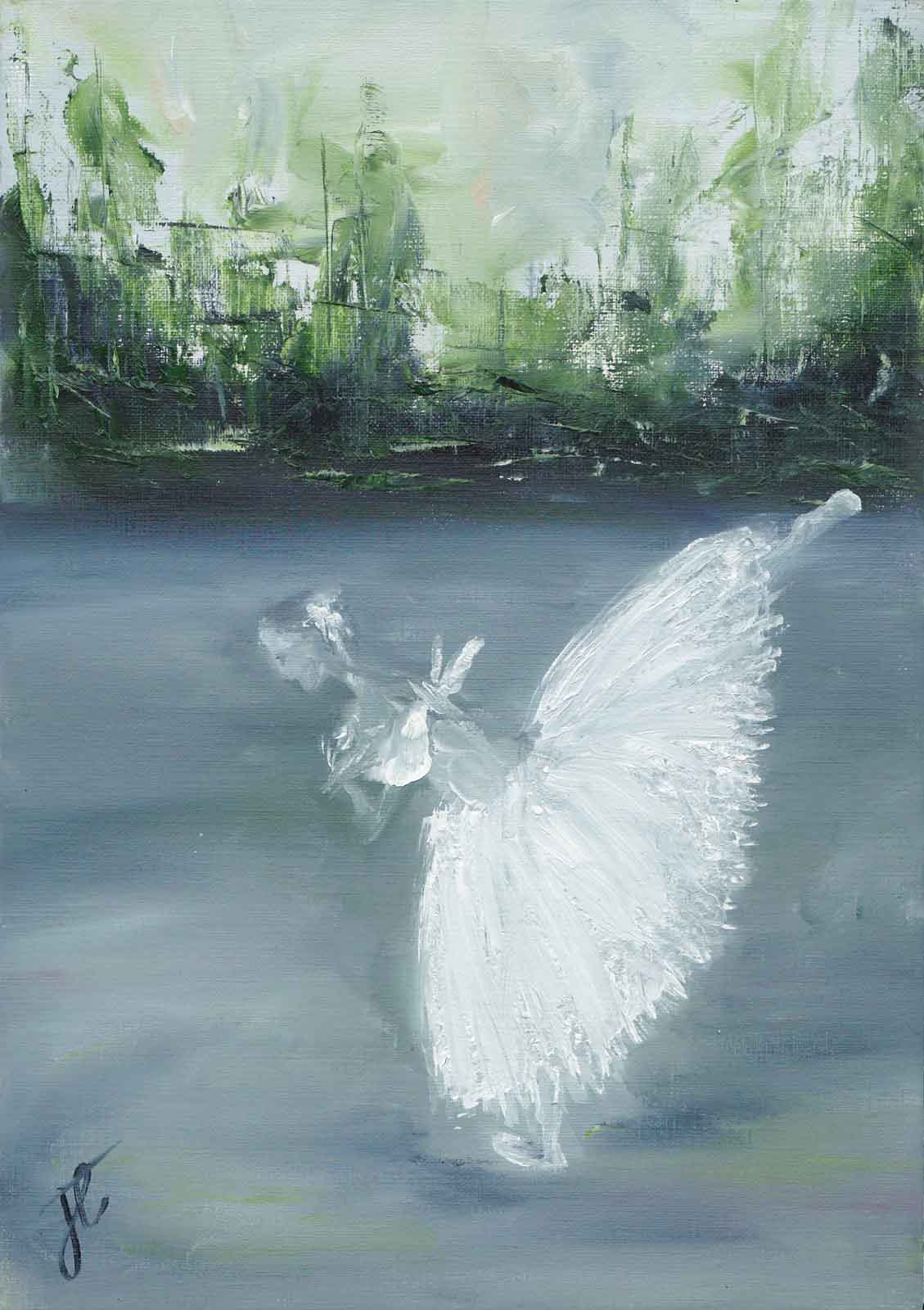 Oil painting on paper of ballerina in romantic tutu poised in penché