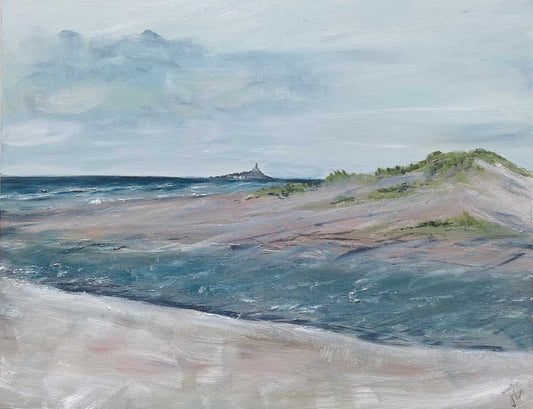 Painting of a coastal landscape with rivermouth, sand dune, beach and an island in the distance.