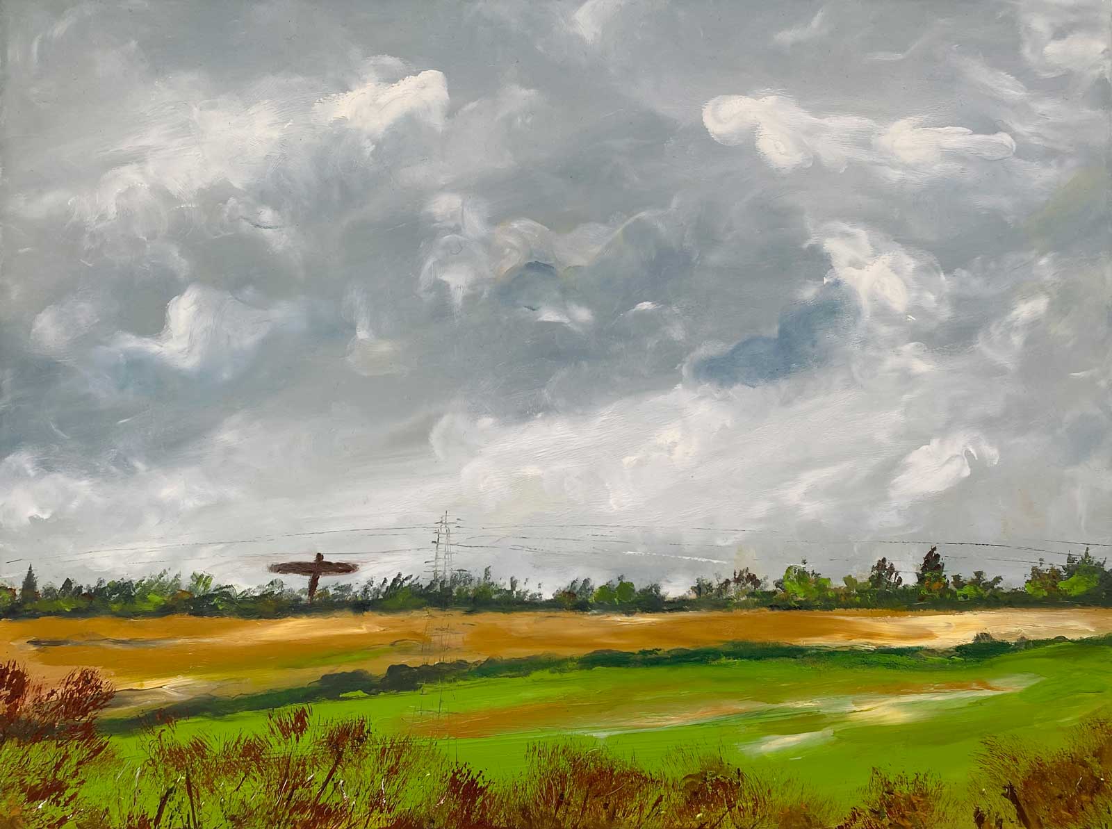 Landscape painting of cloudy sky, rolling fields and the angel of the north silhoueteted against the sky line