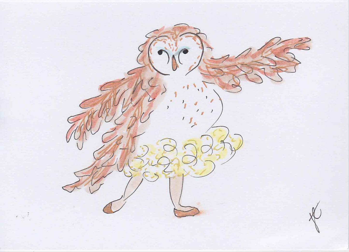 Barbara the barn owl. Ballettoons illustration of owl in tutu and arabesque pose