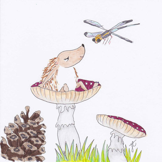 Autumn illustration of Hedgie sitting in a mushroom alongside pinecone, another mushroom and a dragonfly