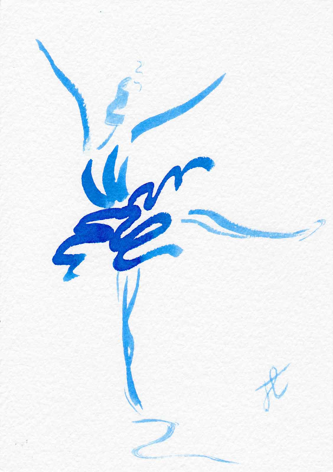 Minimalist stylised blue ink paint sketch of ballerina