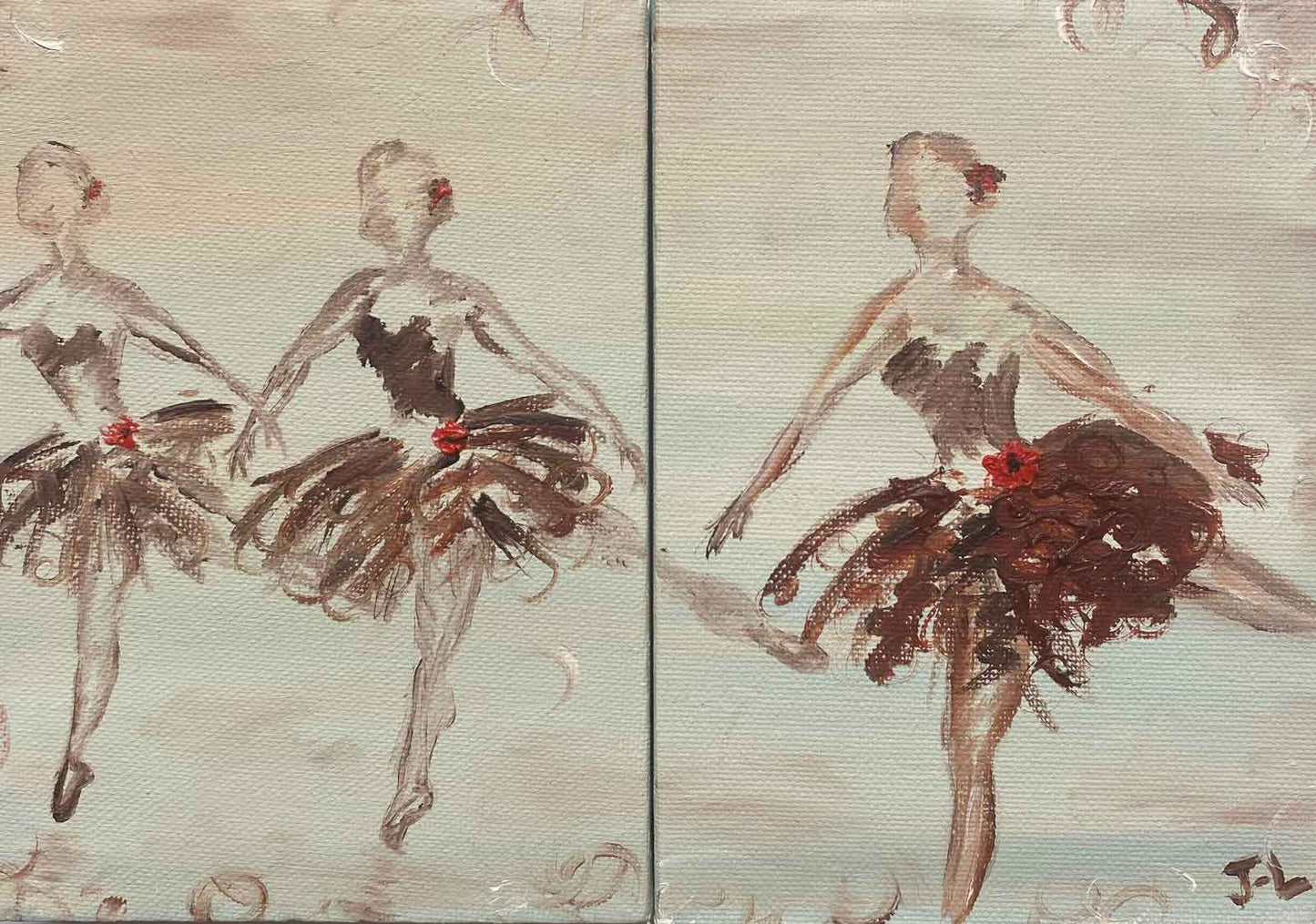 Diptych painting with 3 ballerinas poised in arabesque