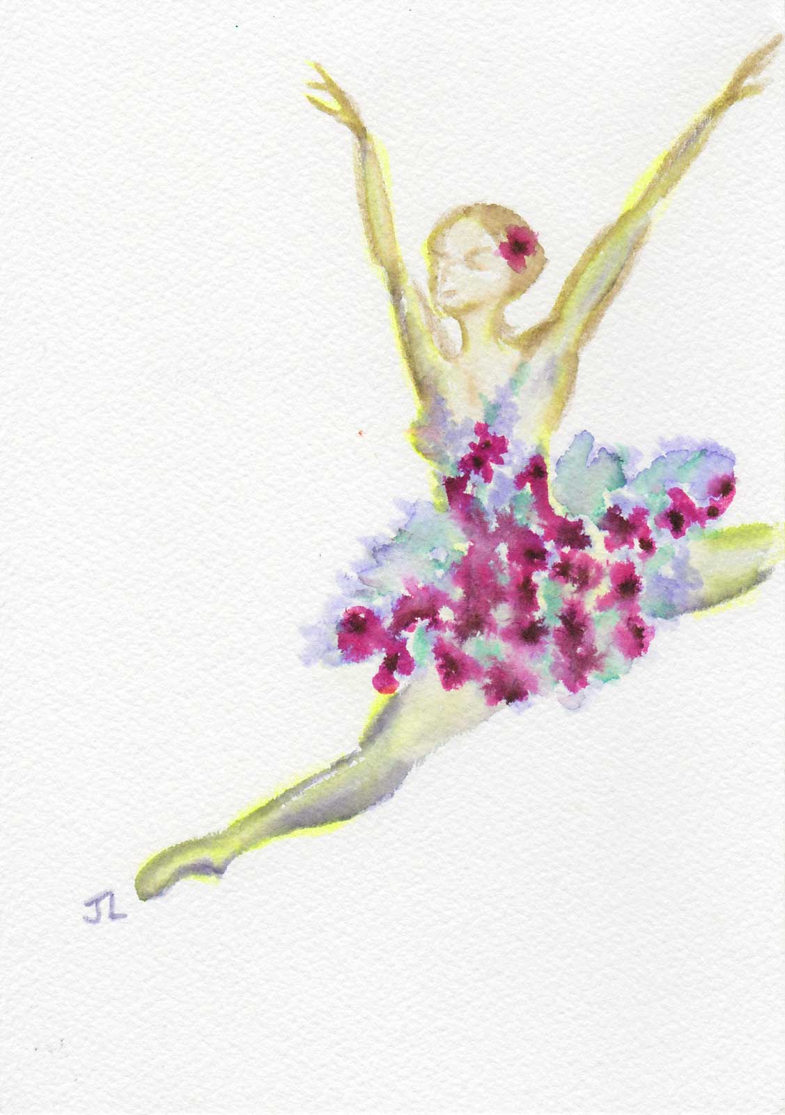 Watercolour illustration of jumping ballerina