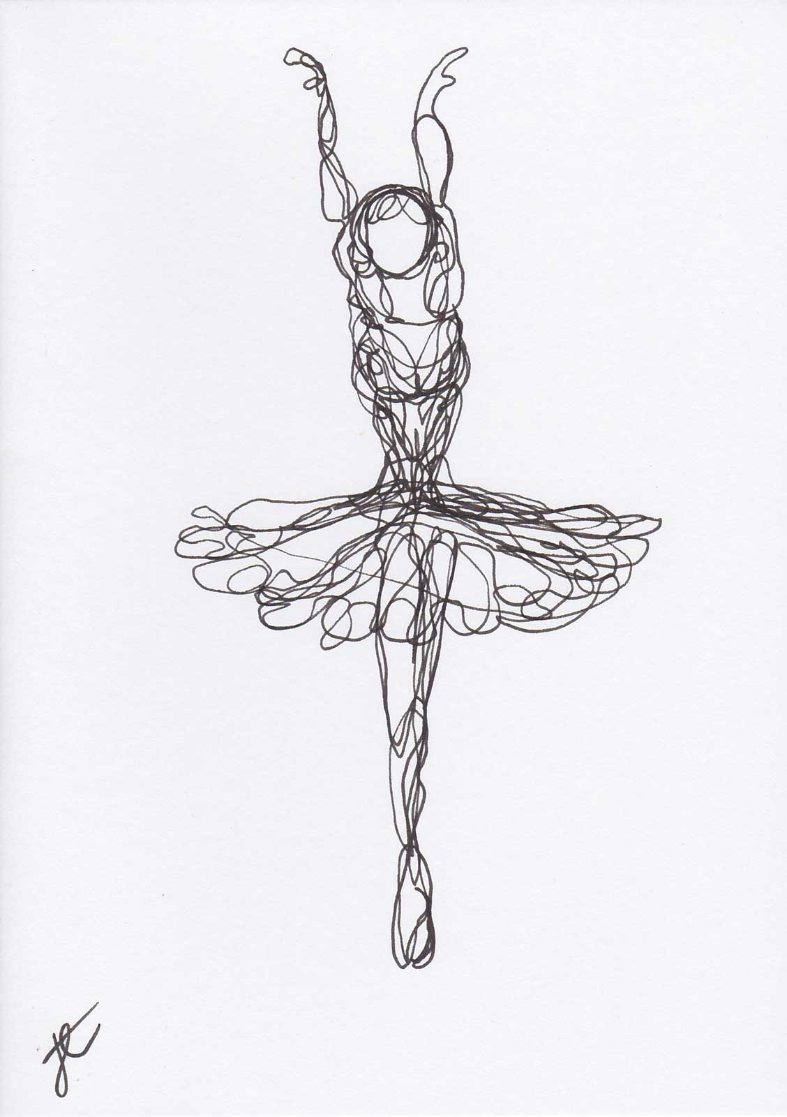 Artistic line drawing of a ballerina in a tutu on a white background