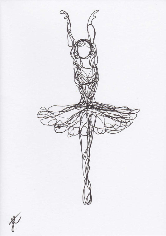 Artistic line drawing of a ballerina in a tutu on a white background