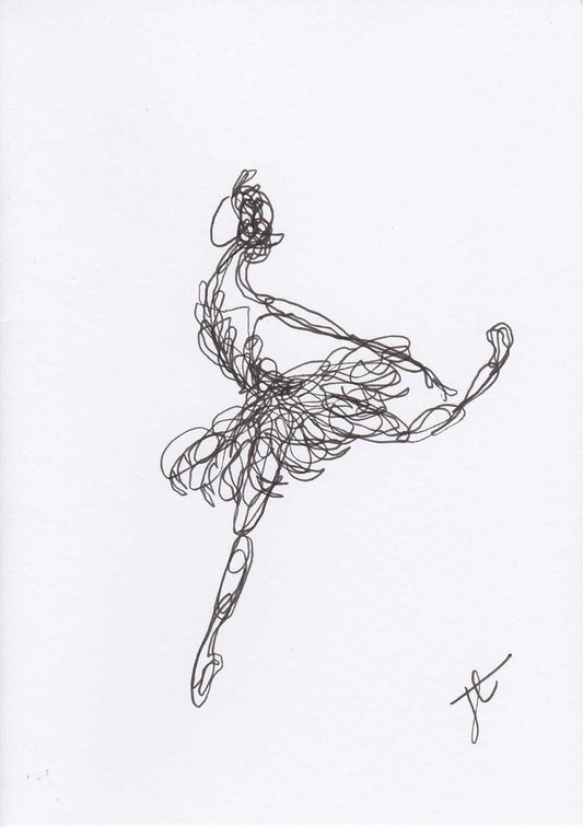 White greetings card with continuous line drawing of swan ballerina in black ink
