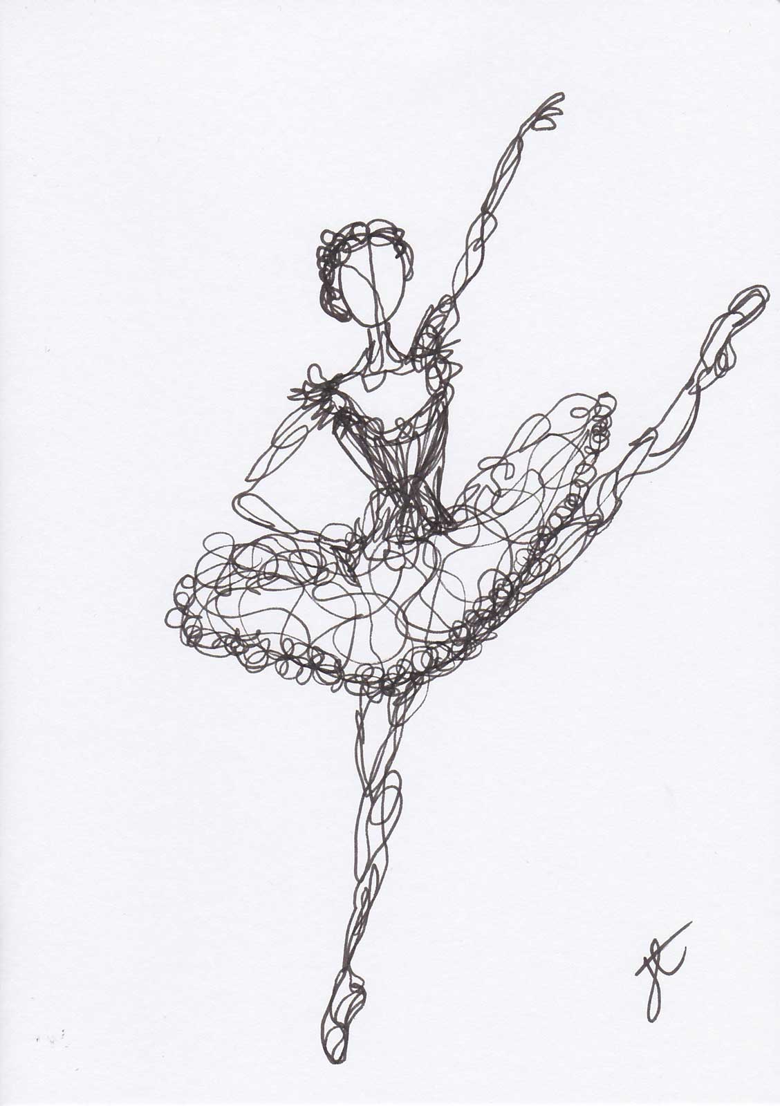 Continuous line  hand-drawn card of ballerina in black ink