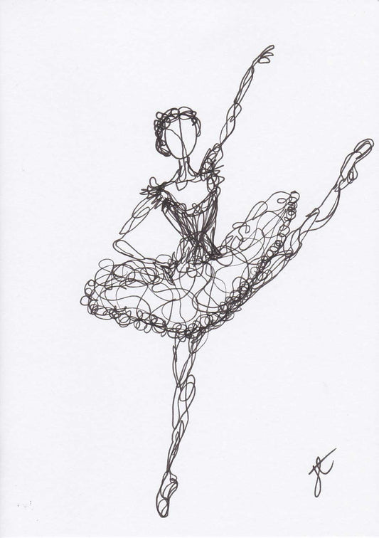 Continuous line  hand-drawn card of ballerina in black ink