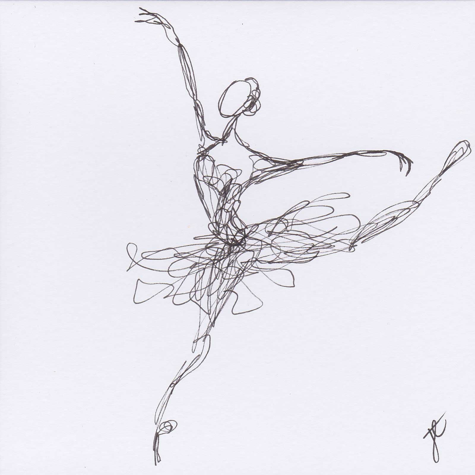 Line drawing of ballerina on white greetings card