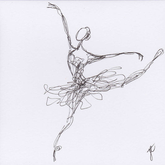 Line drawing of ballerina on white greetings card