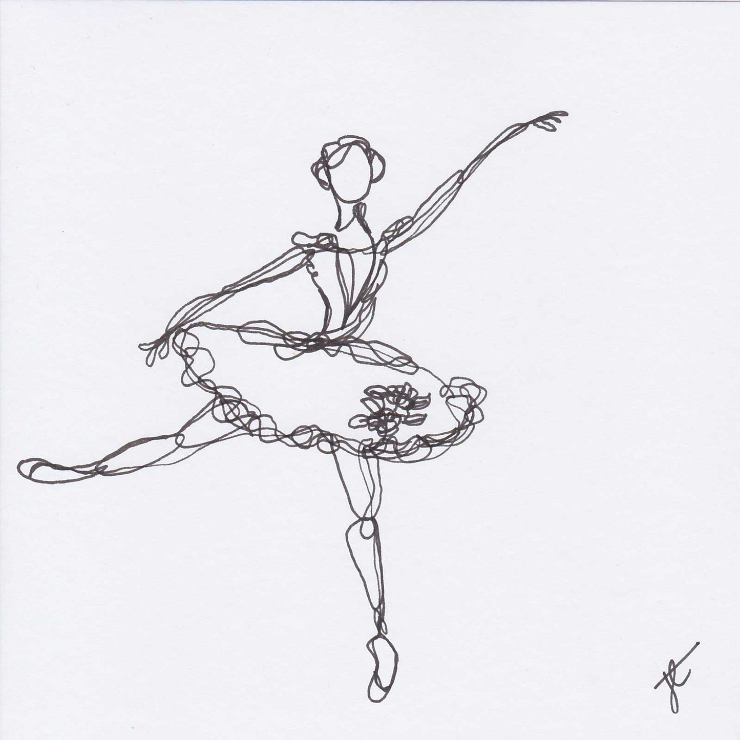 Square card with line drawing of ballerina in arabesque