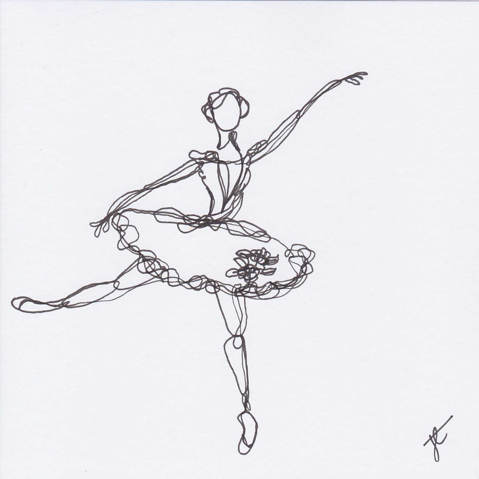 Square card with line drawing of ballerina in arabesque