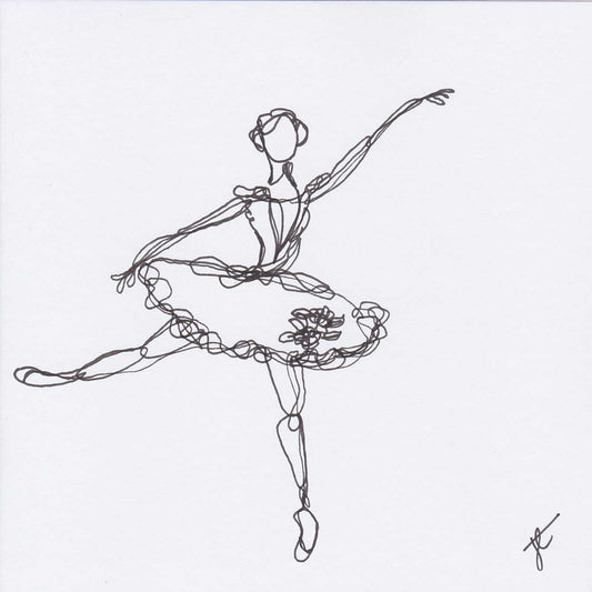 Square card with line drawing of ballerina in arabesque