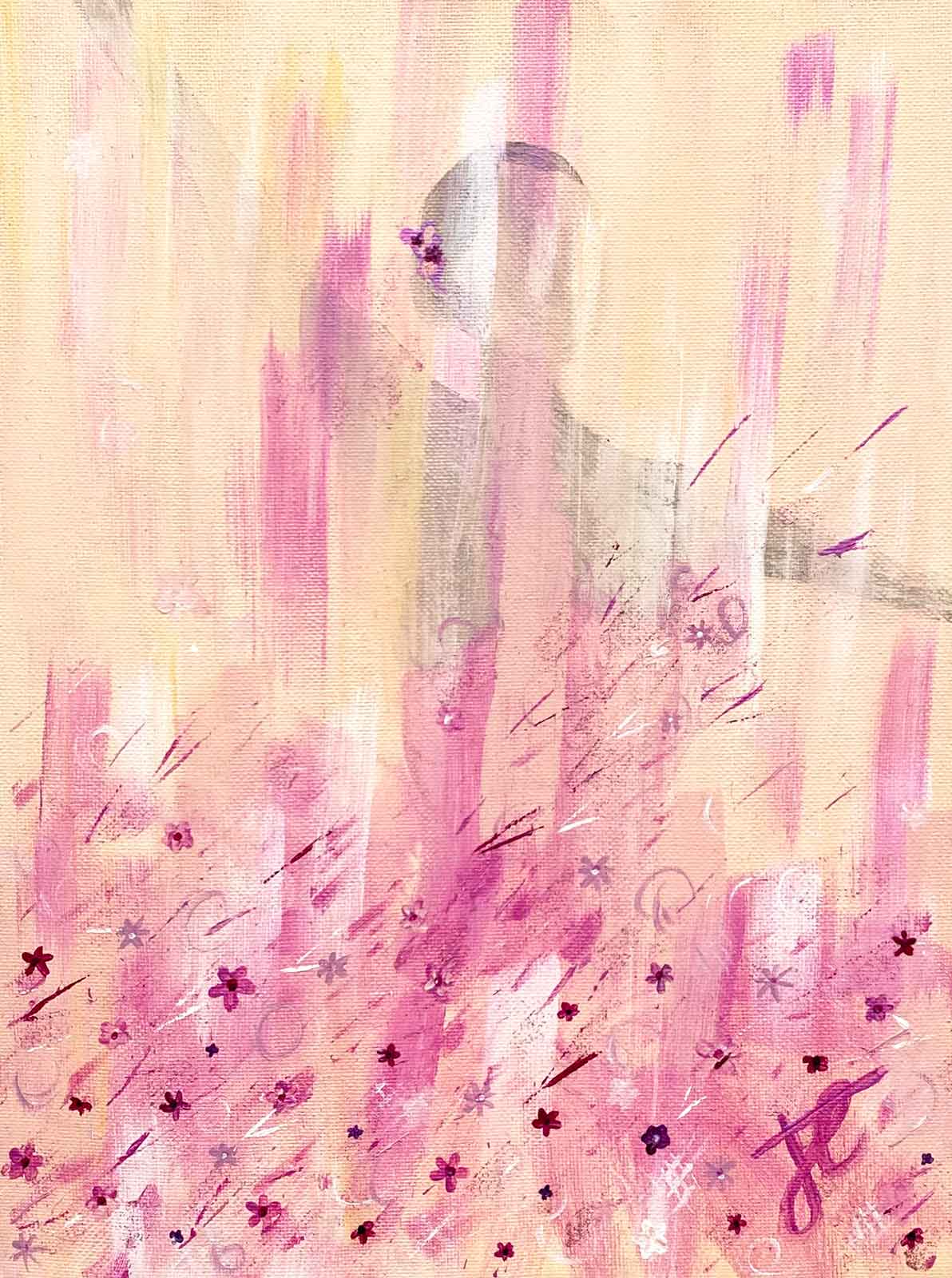 Painting of ballerina in pink tutu with gestural brushwork and decorative flowers
