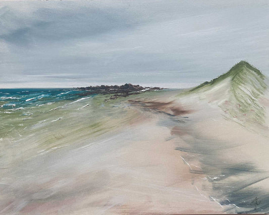 Painting of a coastal landscape with a windswept beach and sand dune dancing towards the ocean under soft summer clouds.