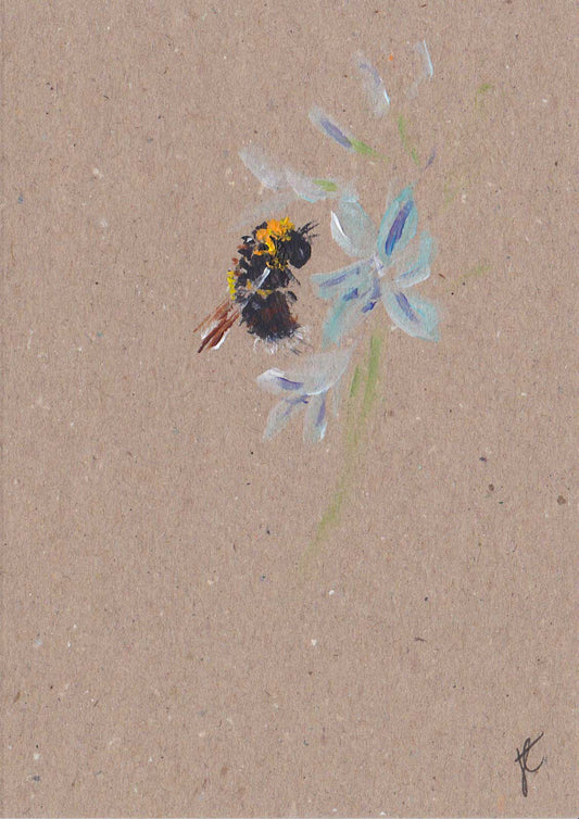 Hand-painted greetings card with bumble bee and blue agapanthus flowers