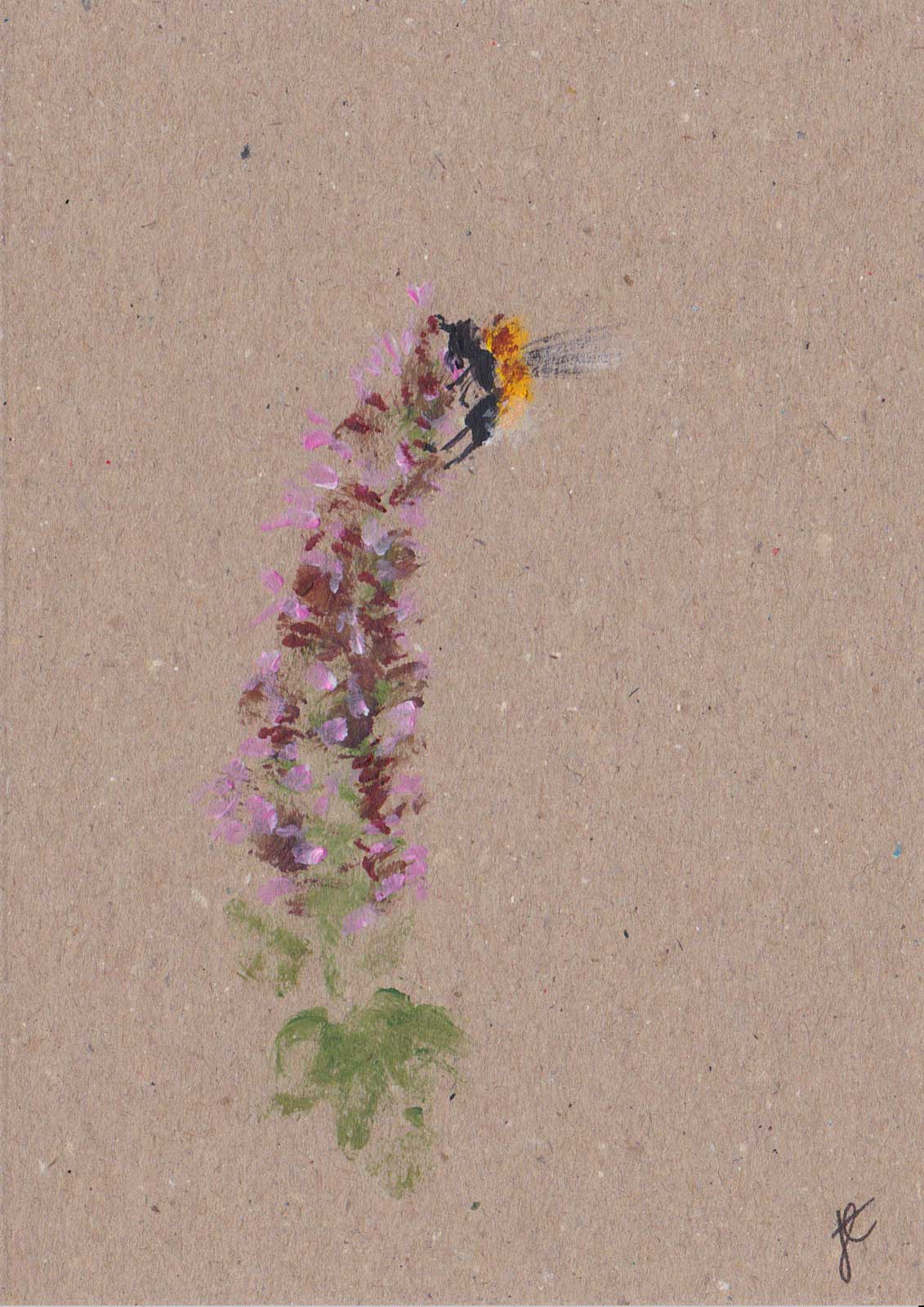 Art card with painted bee on an agastache flower with a textured brown background