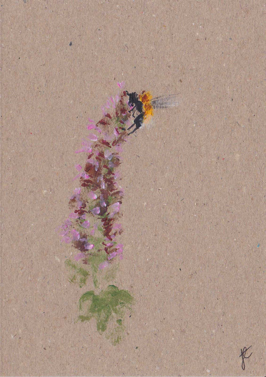 Art card with painted bee on an agastache flower with a textured brown background