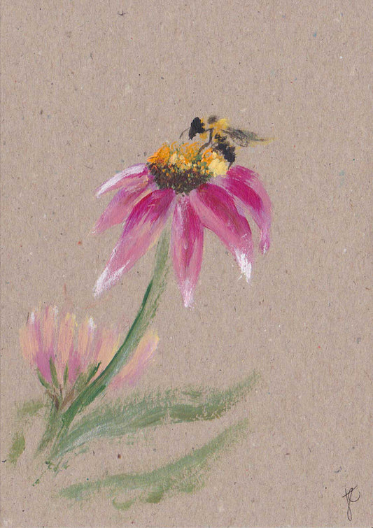 Bee and echinacea painted on kraft card