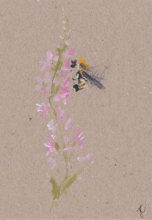 painted card with bee and pink flowers