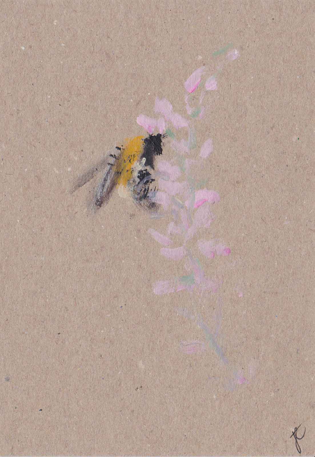 painted card with bee and pink flowers