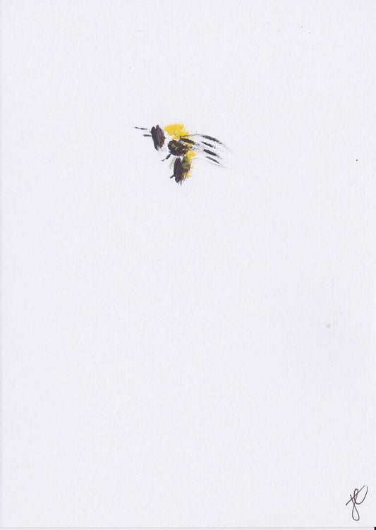 Hand painted bee depicted on a white card