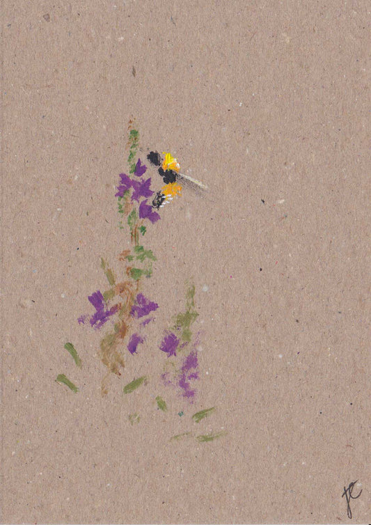 Hand-painted greetings card with bee and purple flowers