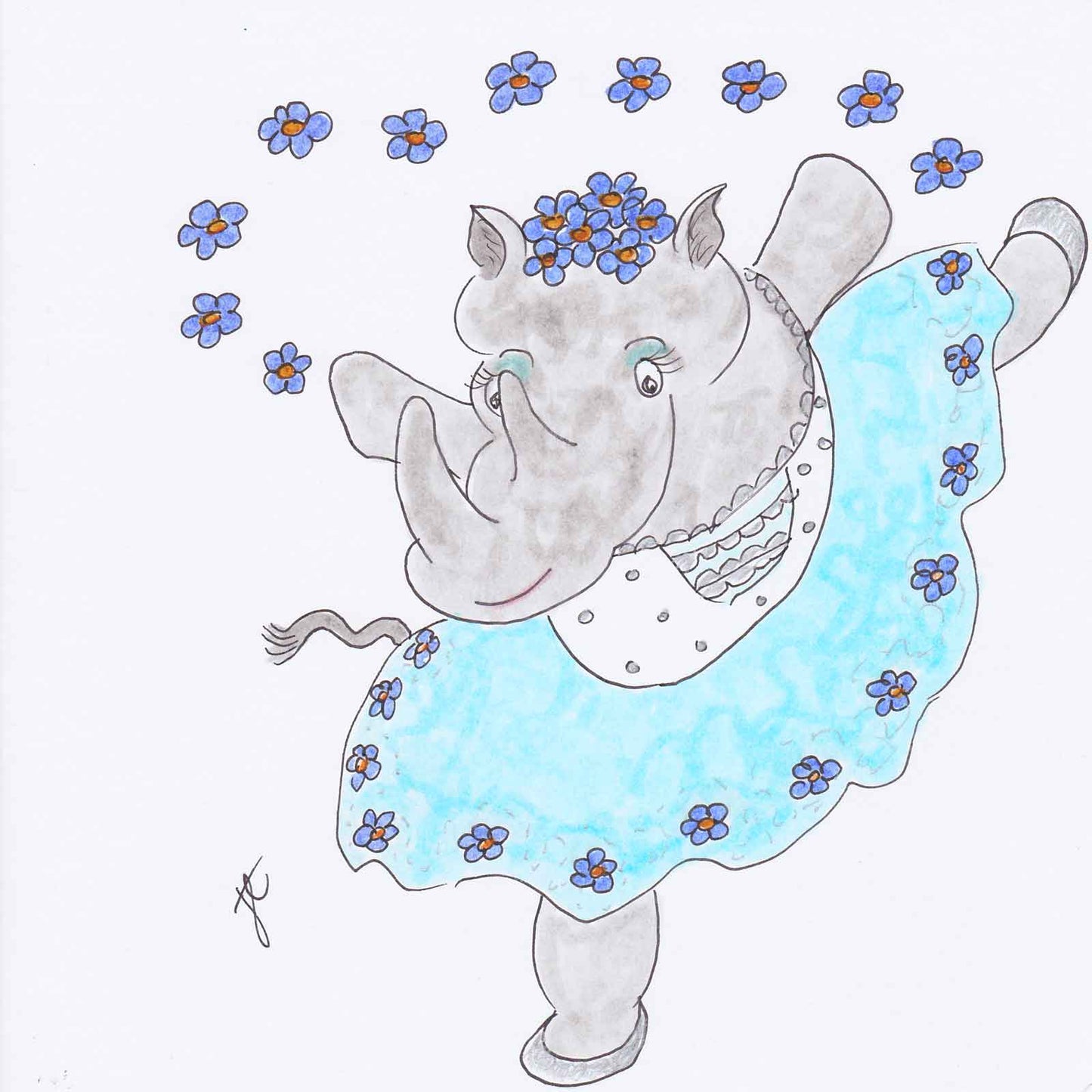 Rhino in blue: hand-drawn Ballettoons character illustration