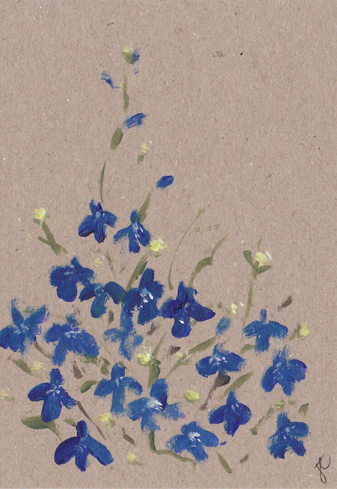 Hnad painted card with blue lobelia flowers