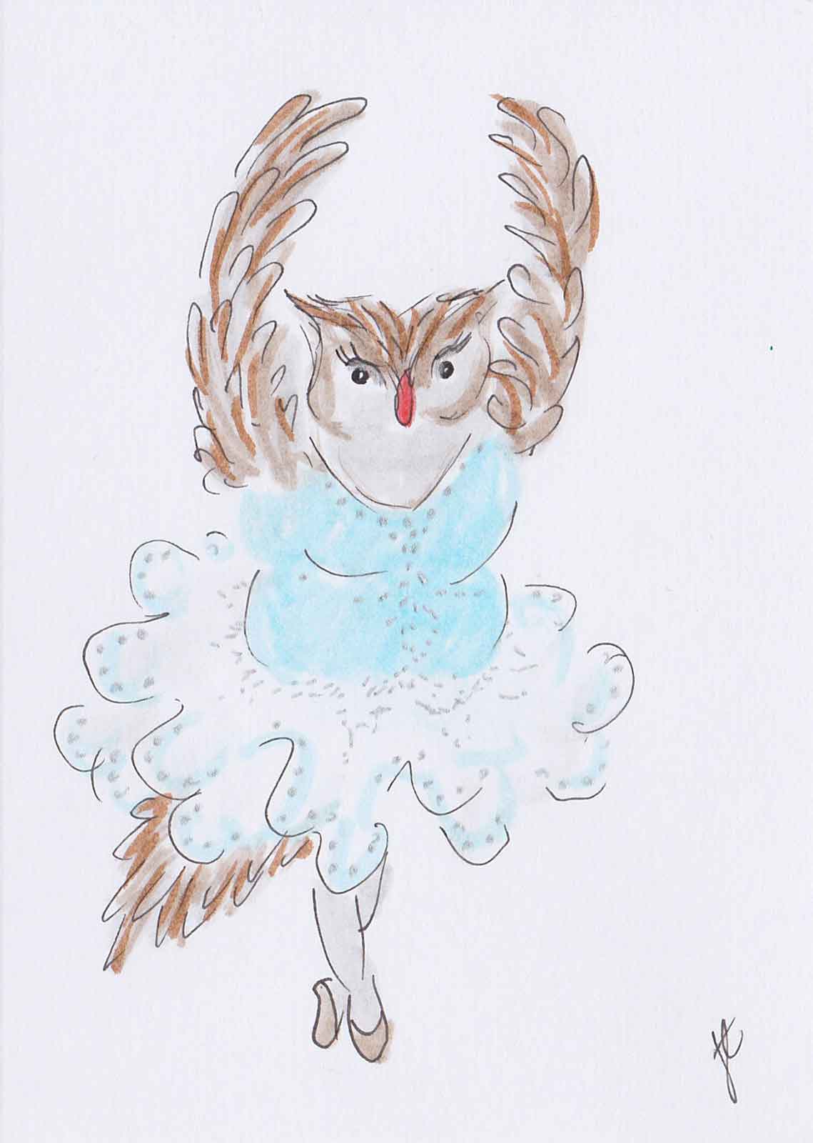 Ballettoons owl illiustration in blue and silver tutu