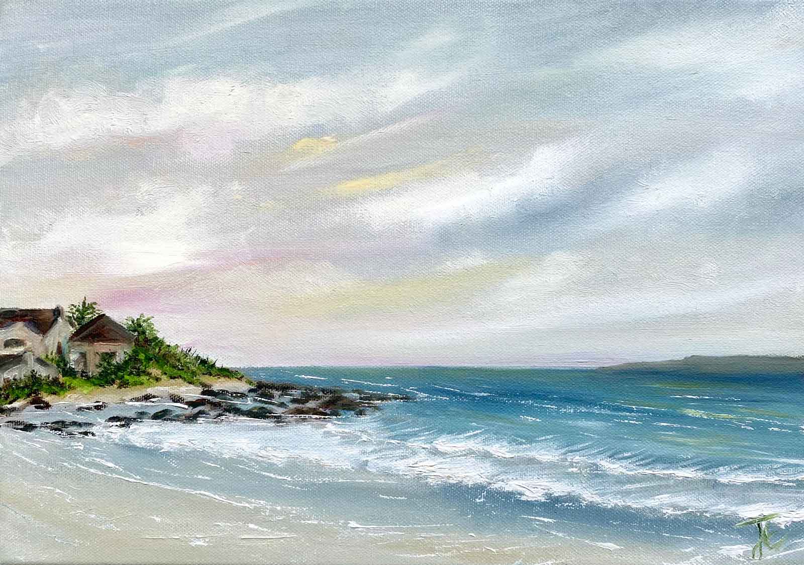 Seascape painting of beach with outcrop with houses on the left