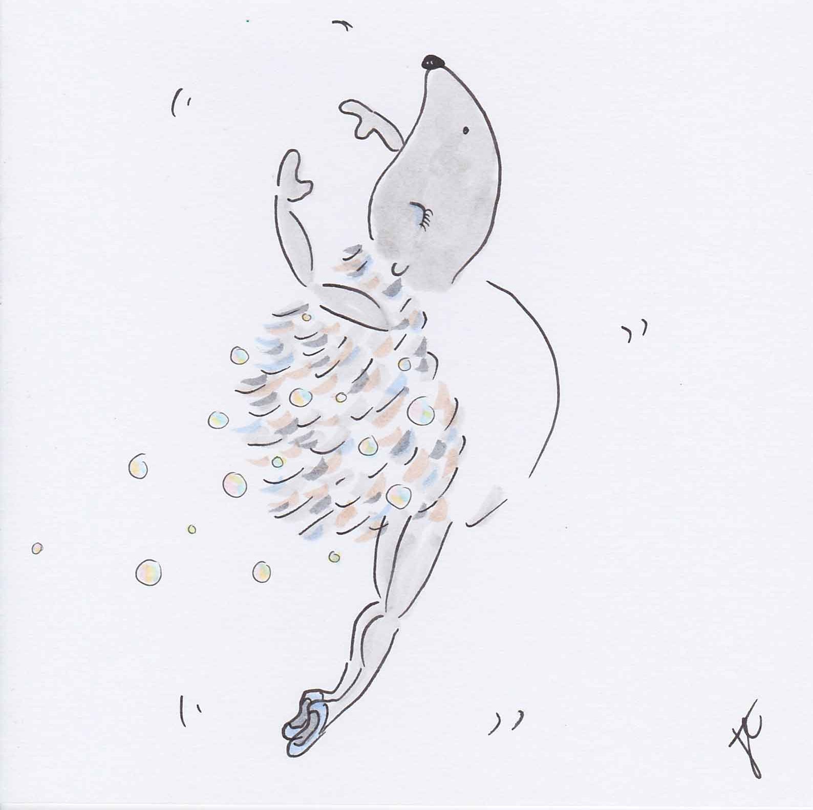 Ballettoons Hedgie illustration of dancing hedgehog leaping with bubbles trailing from her spikes