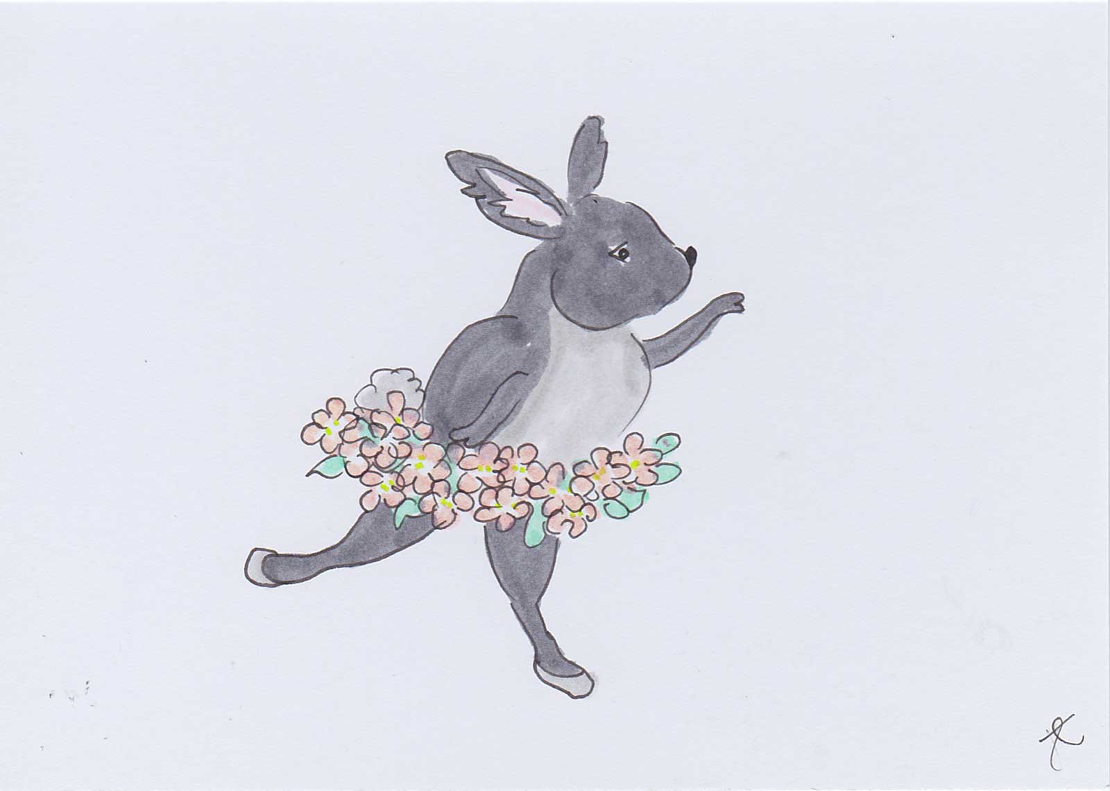 Illustrated card of grey bunny in arabesque wearing a flower tutu