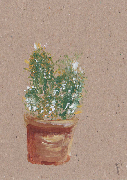 Painting of a potted cactus plant on a textured brown background