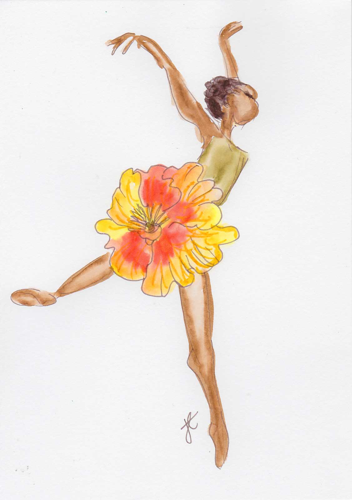 Drawing of ballerina with orange flower tutu