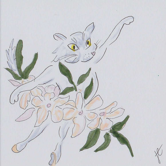 Illustration of a dancing white cat with tutu of jasmine flowers and leaves on a white background