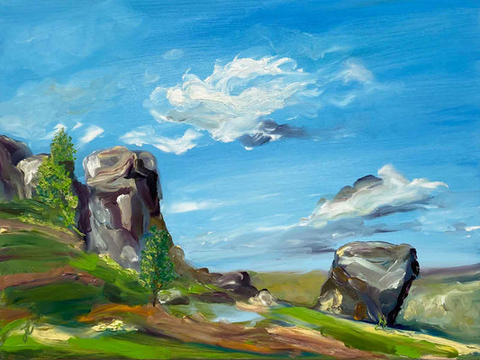 Landscape finger painting of Cow and Calf rocks on slope overlooking distant hills and blue sky with clouds