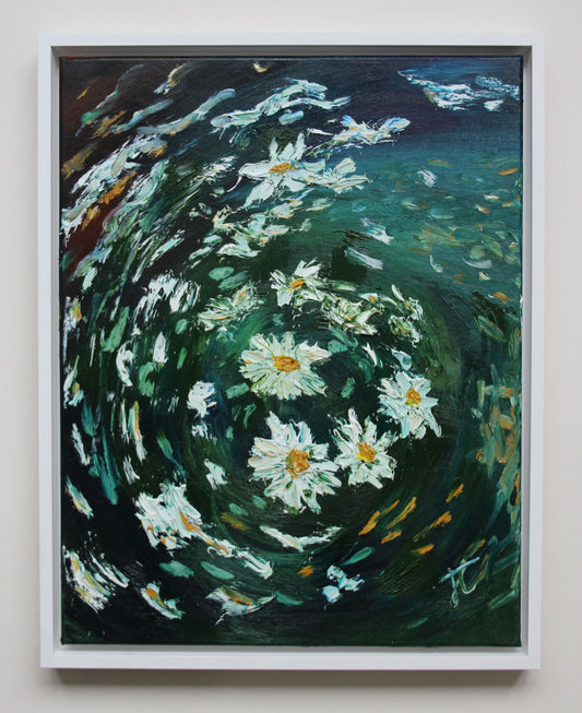 Swirling daisy painting in white floating frame