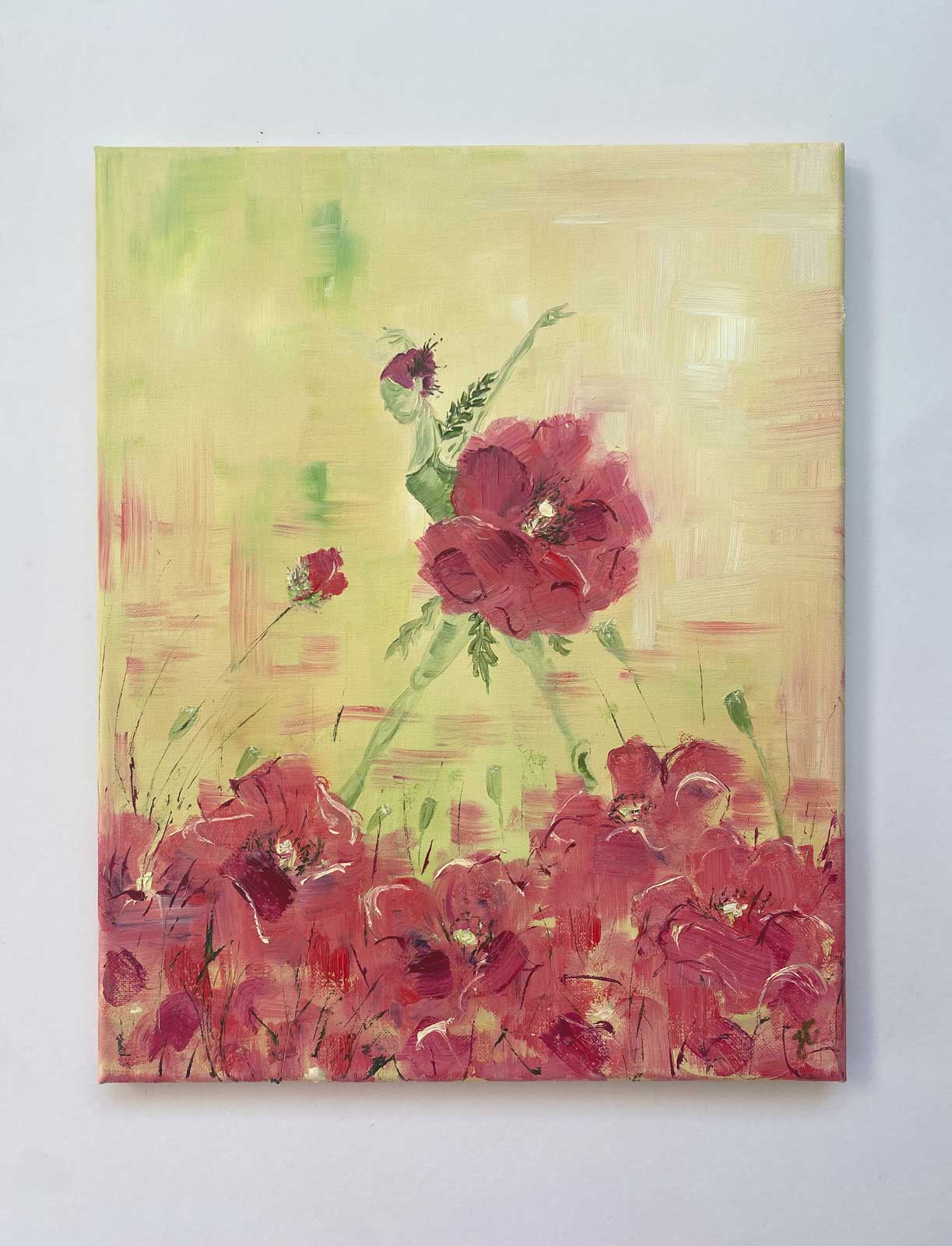 Ballerina painting with red poppy tutu and blooms shown against a light background