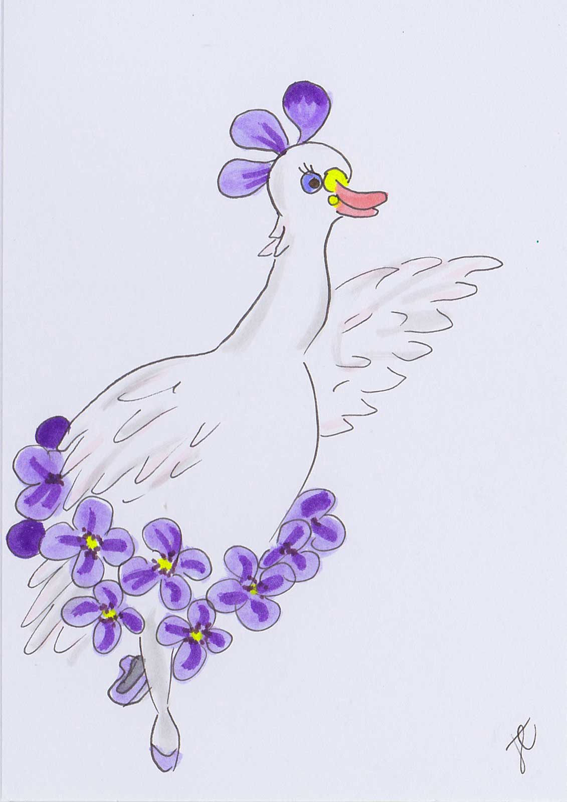 Illustrated card with Ballettoons duck in purple flower tutu