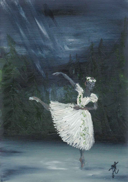 Oil painting on paper of ballerina in romantic tutu