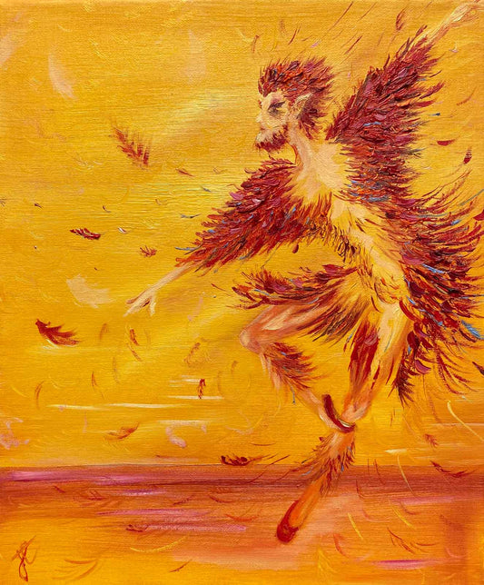 Painting of male dancer in firebird costume with red and yellow colour scheme