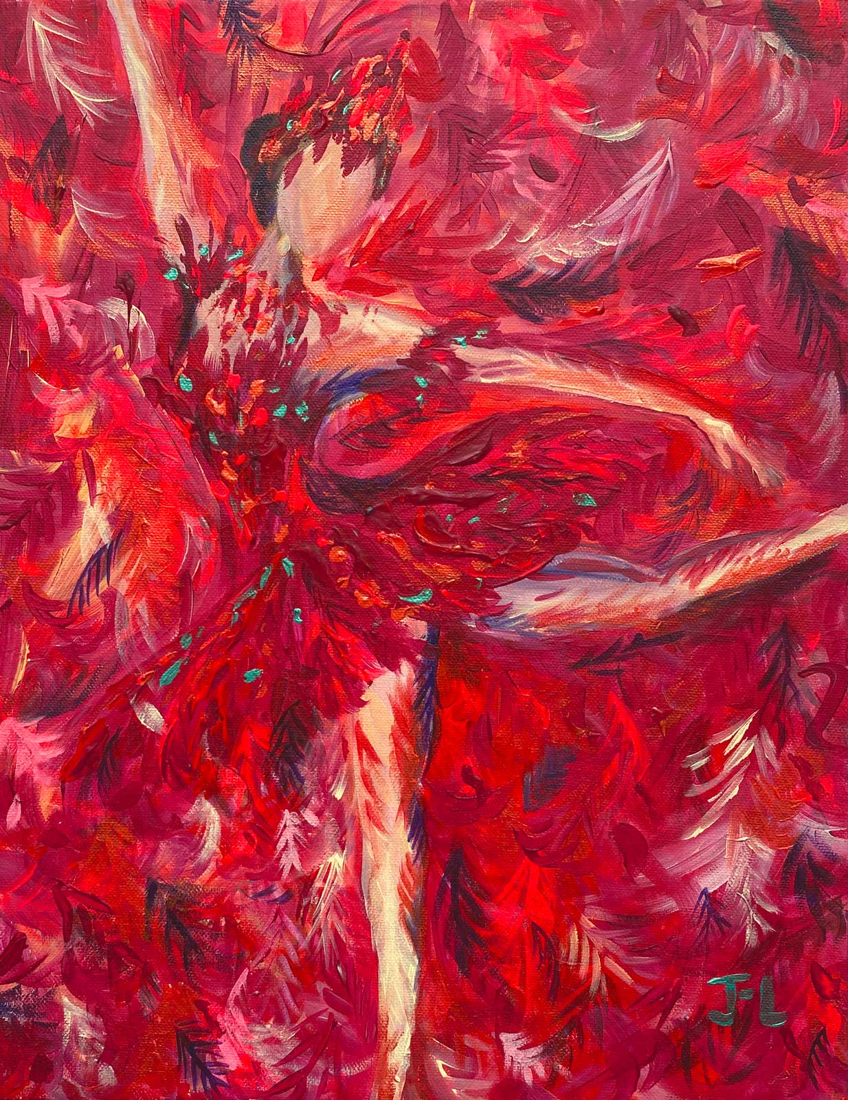 Ballerina painting with graceful figure in red tutu against a background of red feathers