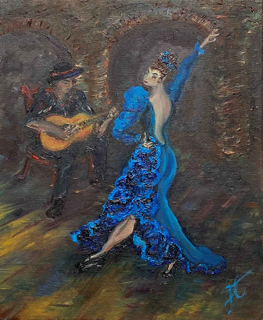 Oil painting of flamenco dancer in blue dress and a seated guitarist
