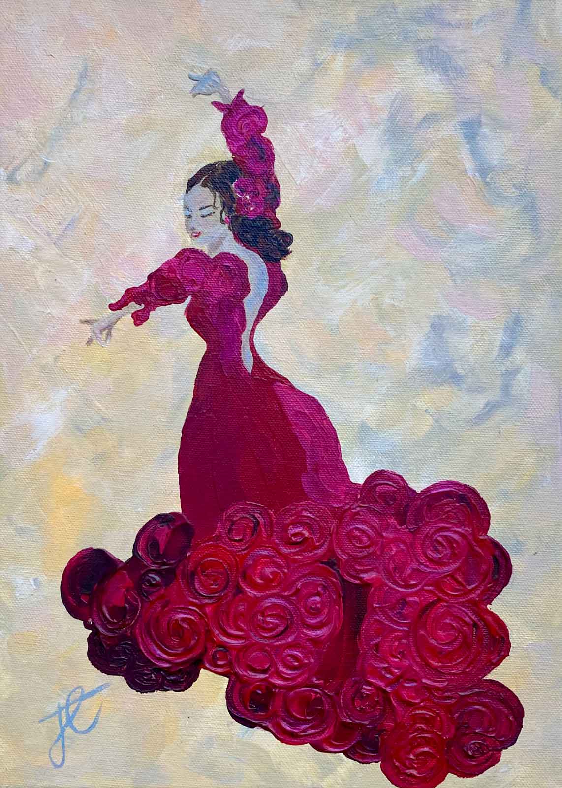 Painting of flamenco dancer in red dress with swirling skirt