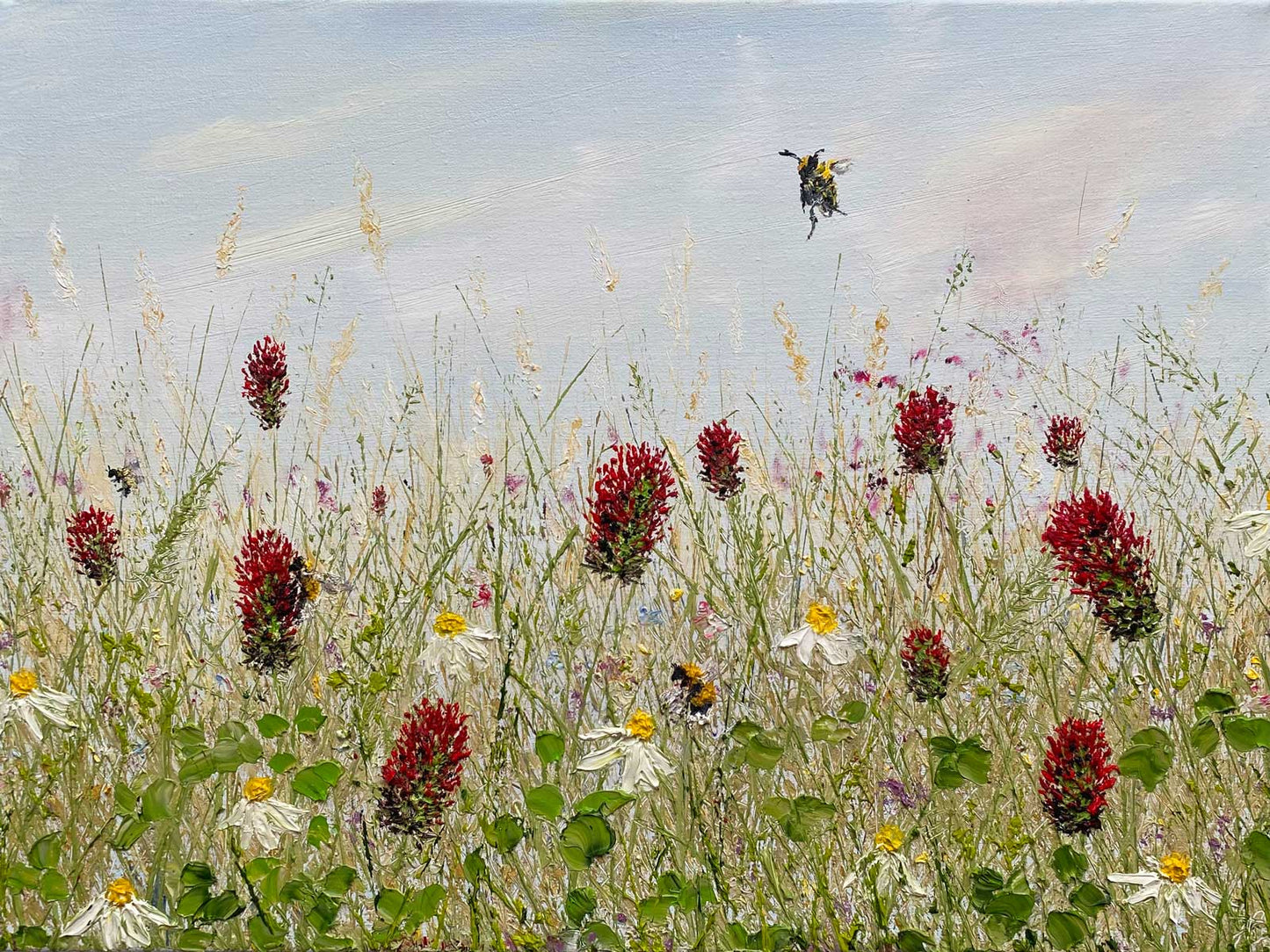 Textured oil painting of a field of wildflowers with bees in flight.