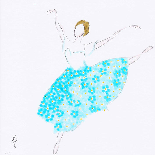 Illustration of ballerina in long dress with forget-me-not skirt